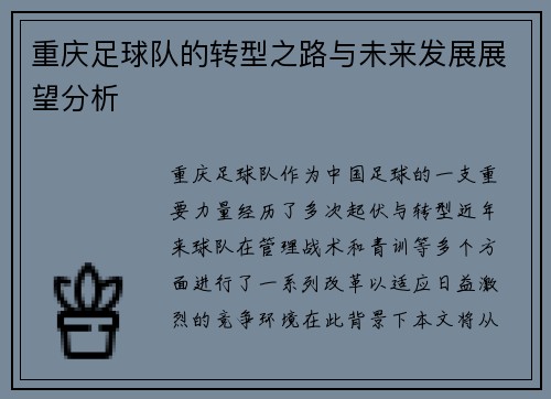 重庆足球队的转型之路与未来发展展望分析