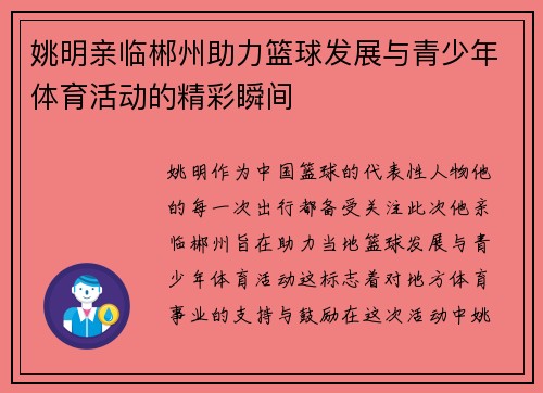 姚明亲临郴州助力篮球发展与青少年体育活动的精彩瞬间